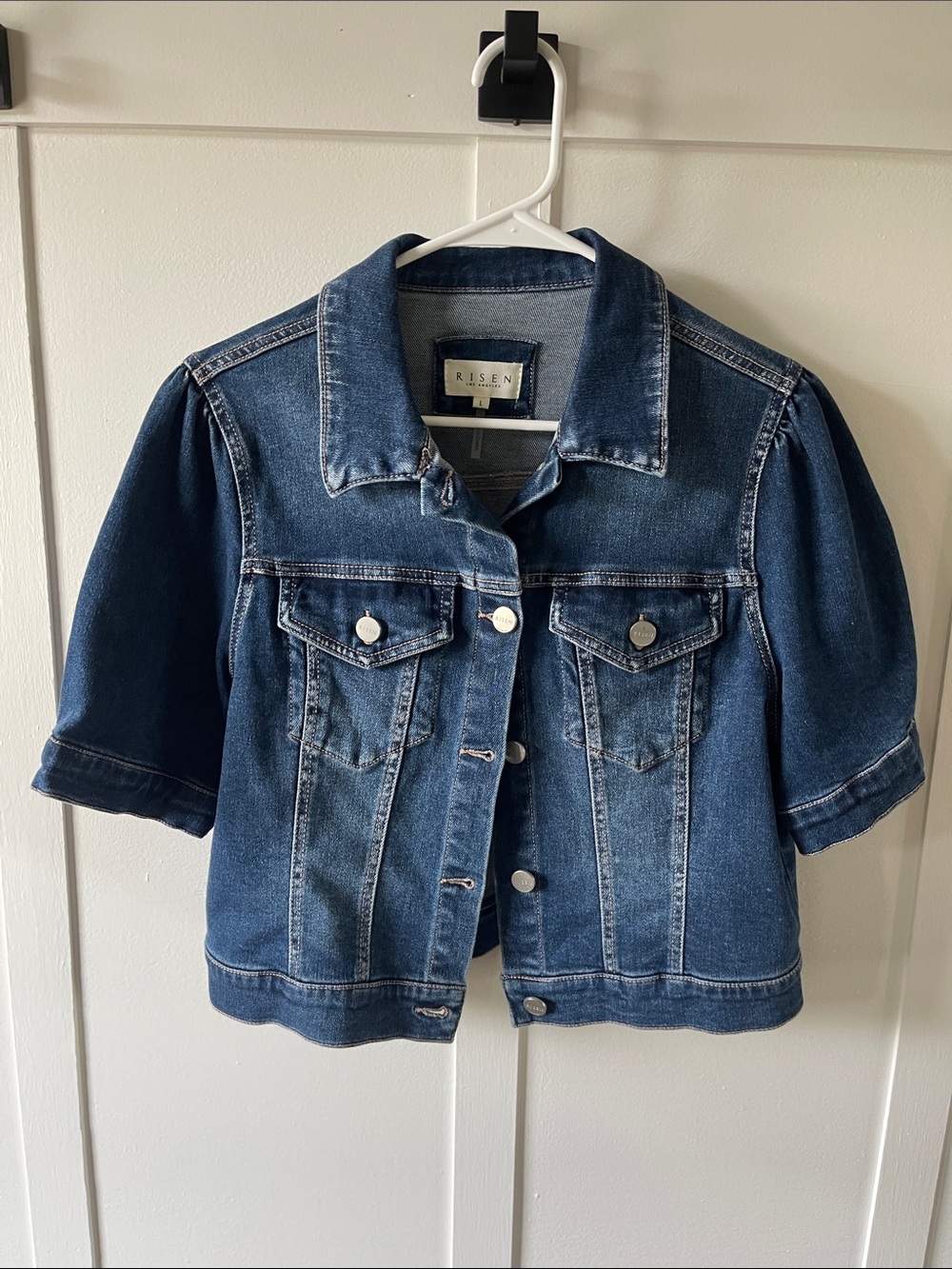 RISEN Women's Short Sleeve Denim Jacket in Dark Blue Wash